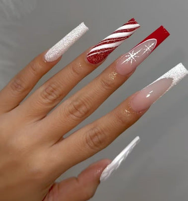 Christmas Acrylic Nails with Glitter and Candy Stripe Art | Long Coffin Press On Tips | Comfortable Fit for Parties