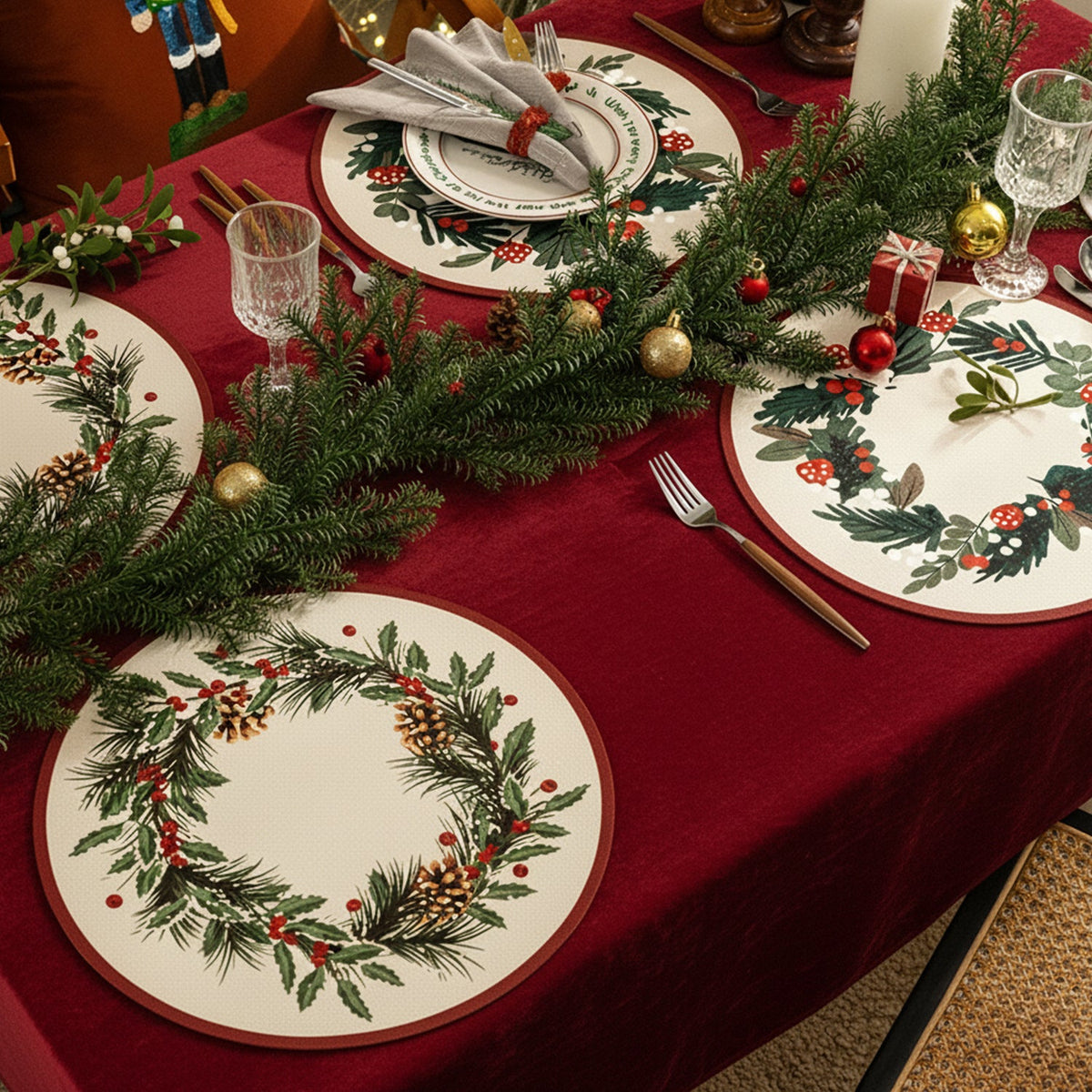 Round Christmas Wreath Print Placemat with Pine Cones