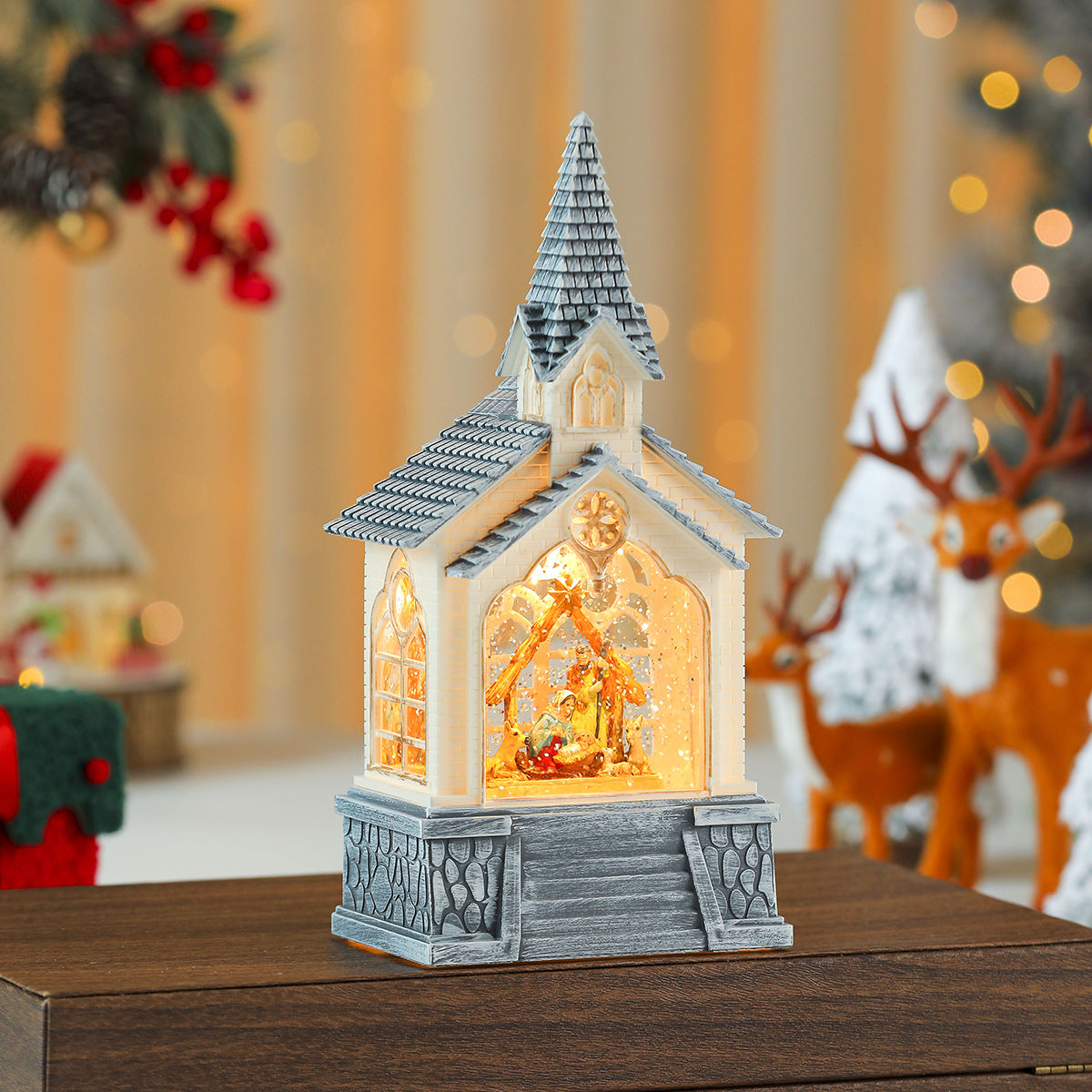 Lighted Christmas Village Church Decoration with Steeple