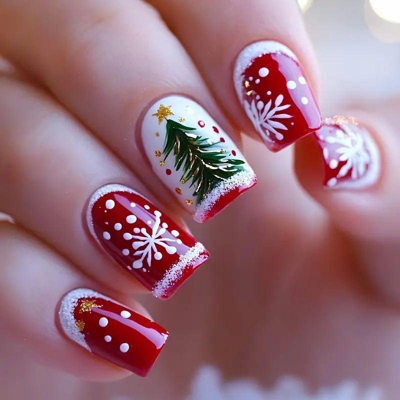 Christmas Press On Nails with Snowflake and Tree Designs