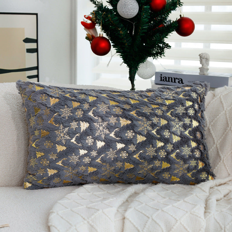 Gold Christmas Pillow Cover with Tree and Reindeer Print | Square Velvet Look Fabric, Hidden Zipper | Eight Designs in Three Sizes