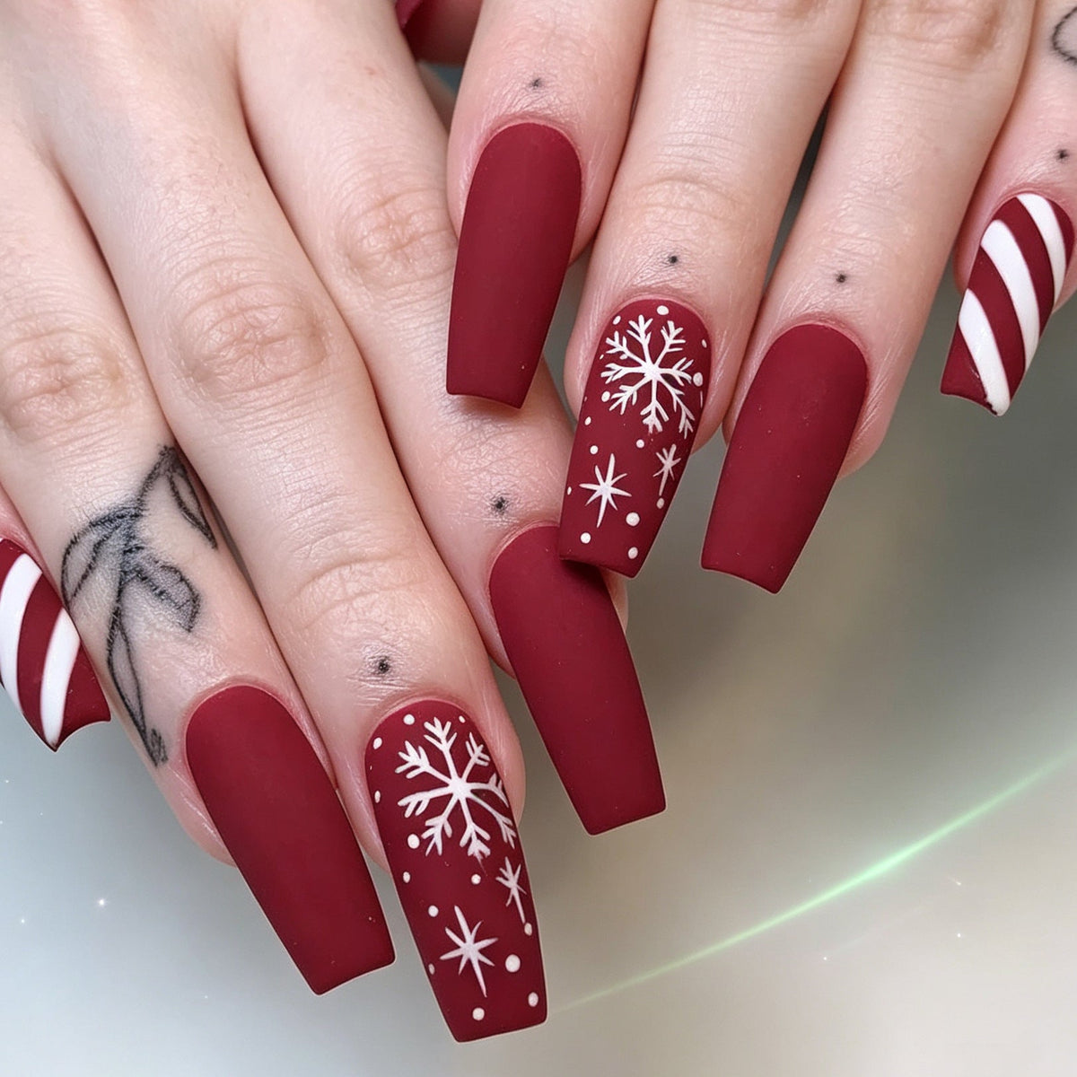 Christmas Press On Nails with Snowflake and Candy Cane Art