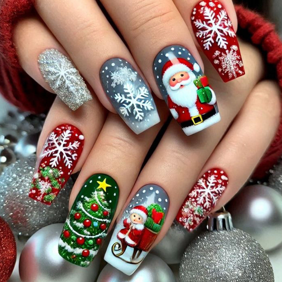 Christmas Press On Nails with Santa, Tree and Snowflake Art