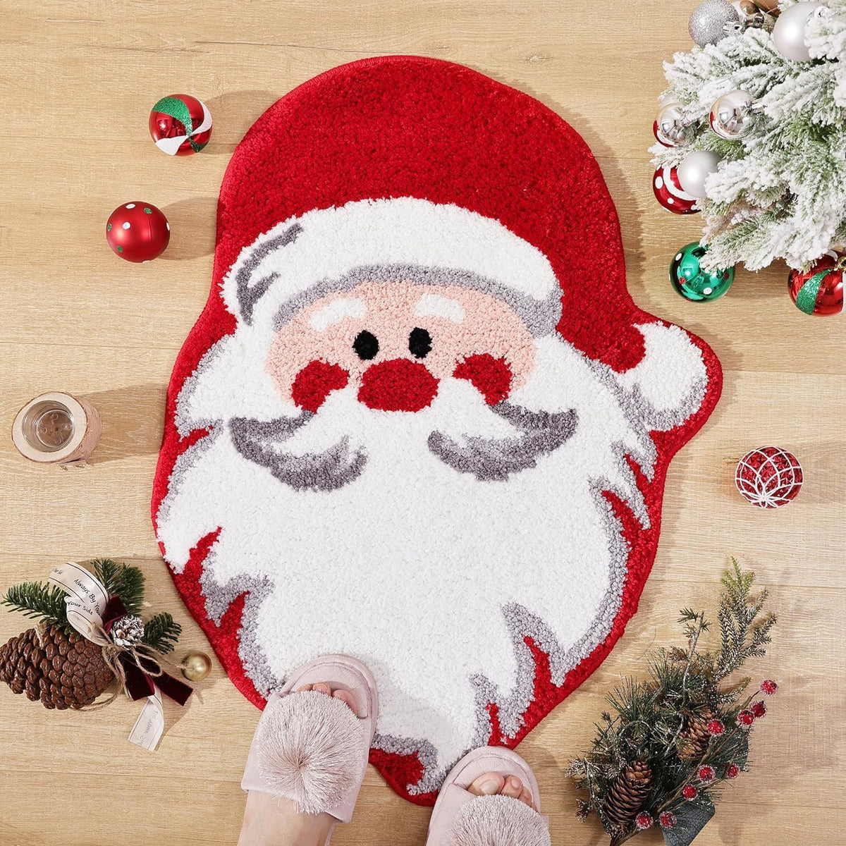 Christmas Tree Shaped Rug with Candy Cane and Snowflake Print | Soft Fibers Underfoot | Living Room and Entryway Mat