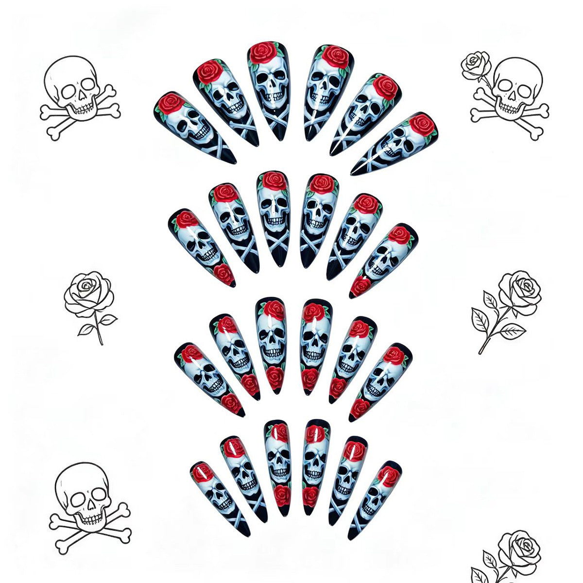 Halloween Skull Floral Press-On Nails | Available in Jelly | Glue-Free Application in Minutes for Parties and Nights Out