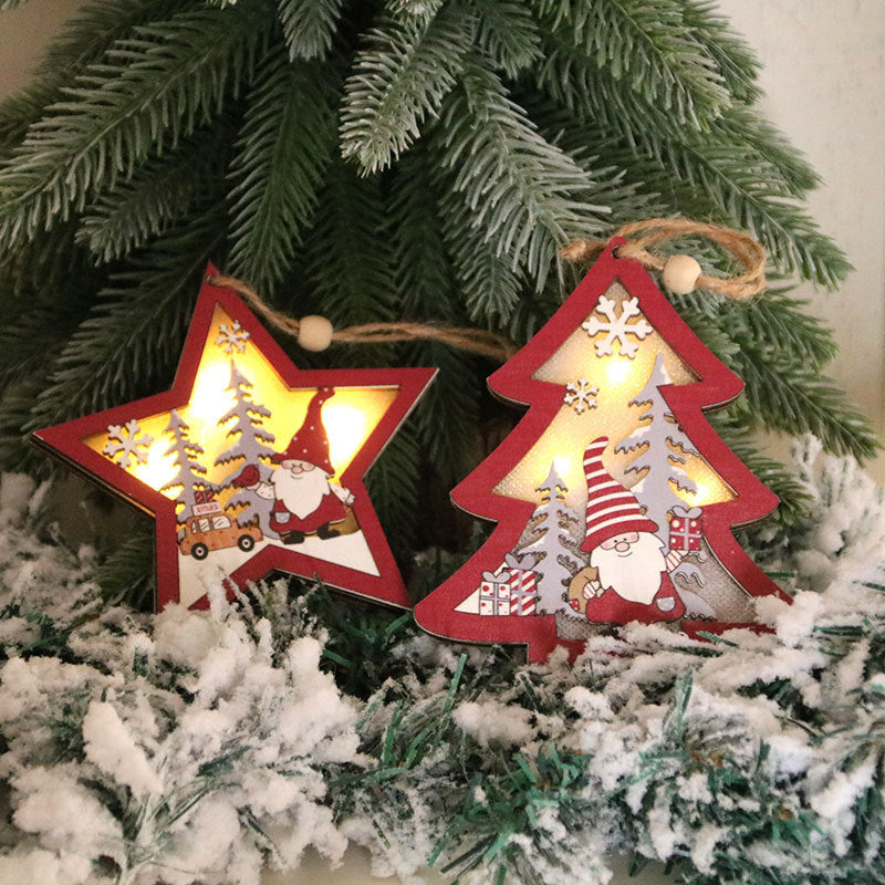 Wooden Light Up Christmas Tree Ornaments with Santa Scene