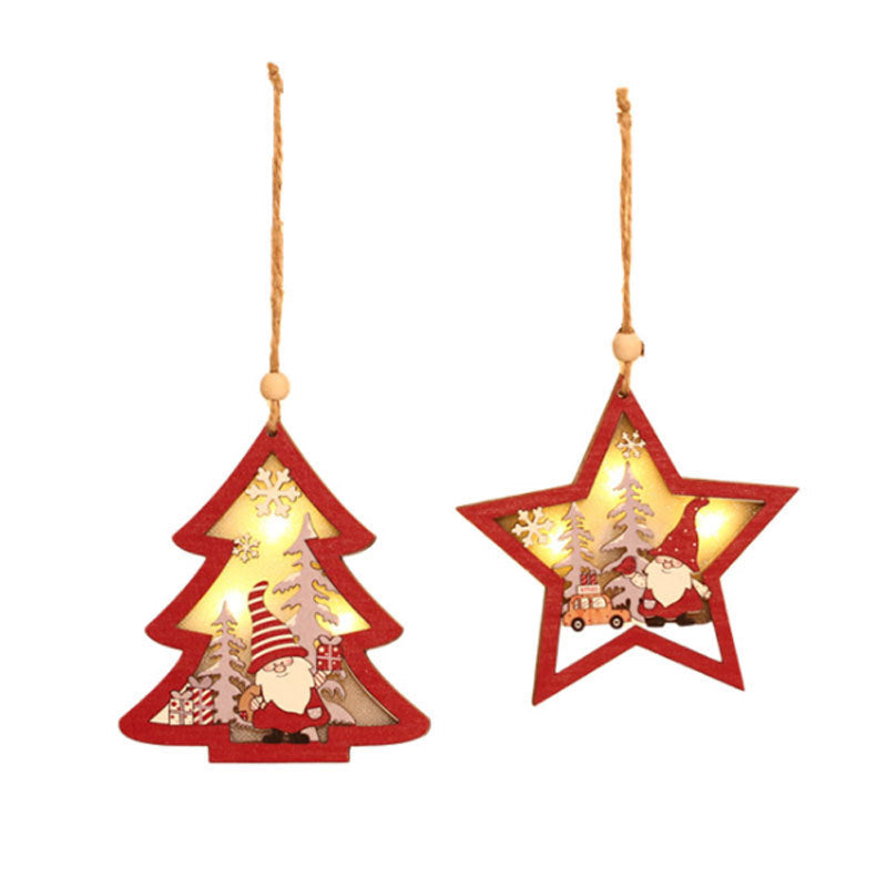 Wooden Light Up Christmas Tree Ornaments with Santa Scene