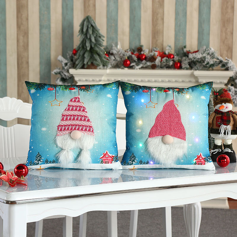 Christmas Throw Pillow Cover with Gnome Design and LED Lights