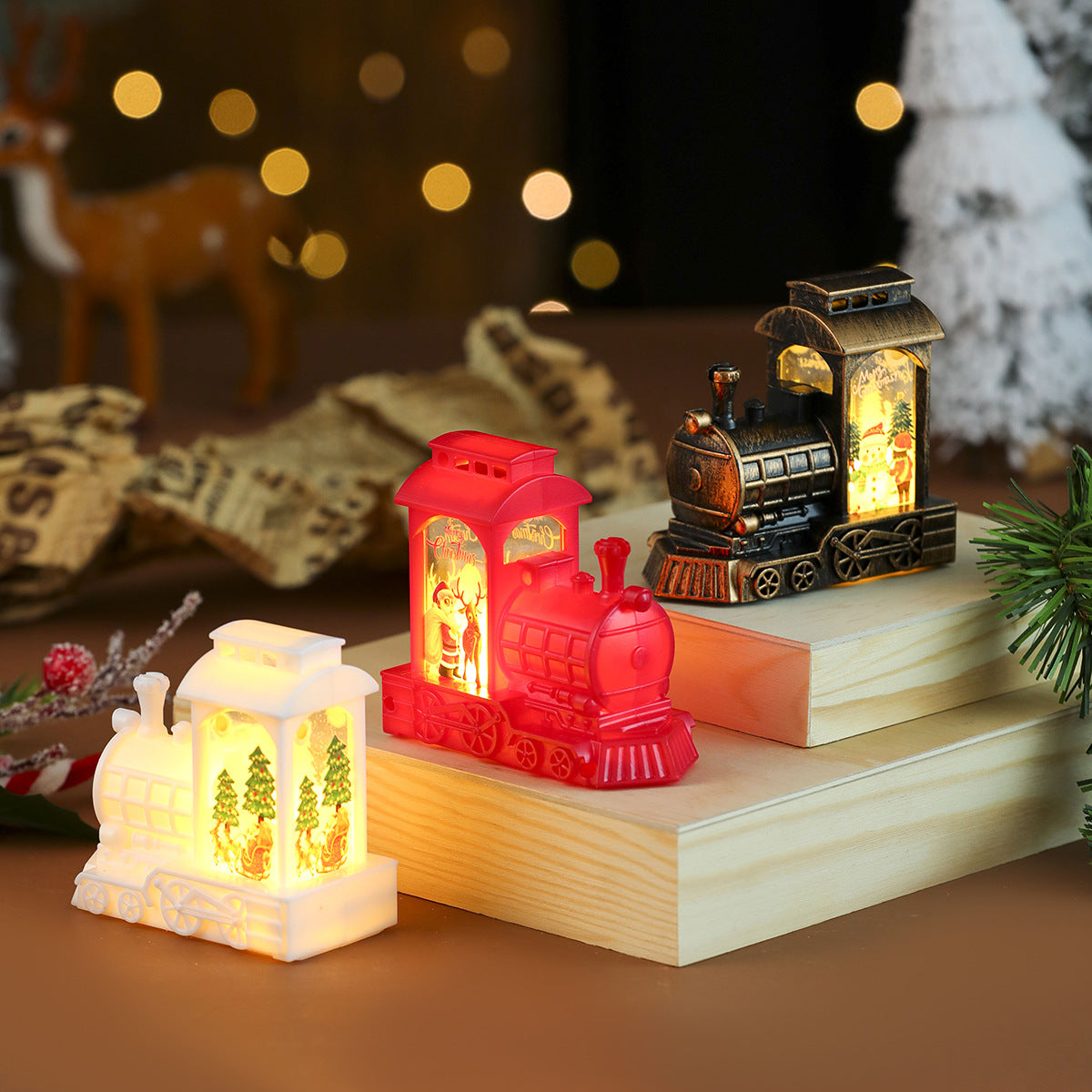 Light Up Christmas Train Ornament with LED Santa Scene