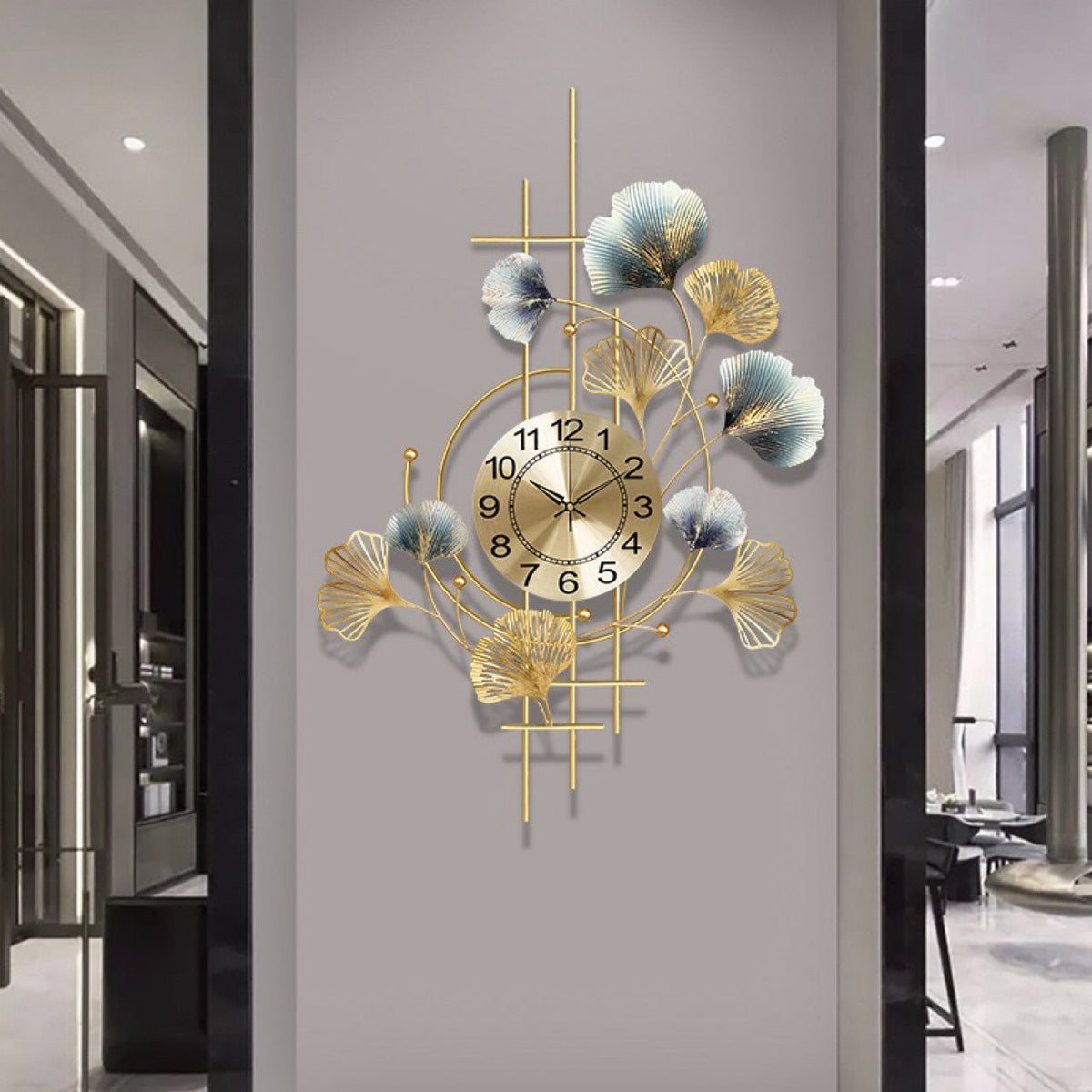 Long Wall Clock with Gilded Ginkgo Leaves in Metal | 36 x 13 in, Made to Fill a Wide Empty Stretch | Easy to Hang