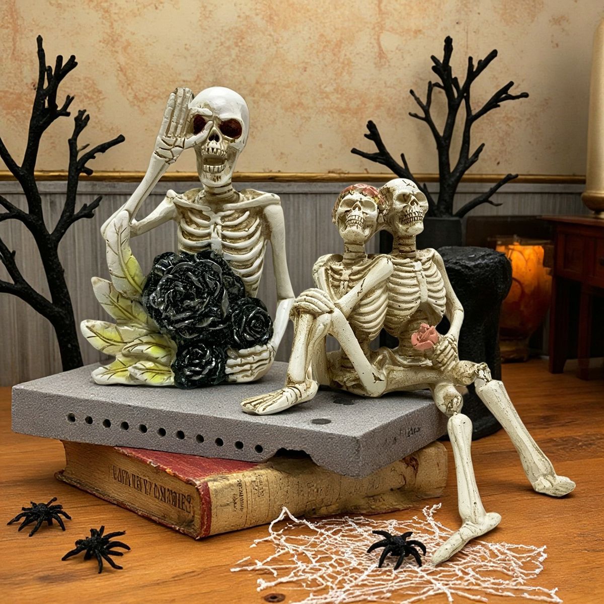 Halloween Skeleton Floral Decorative Figure | Available in 7 Colors | Stands on Shelves, Mantels, and Side Tables