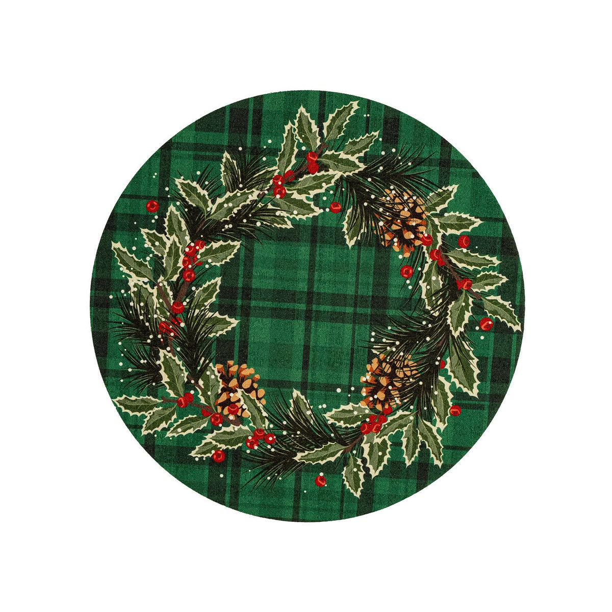 Round Christmas Wreath Print Placemat with Pine Cones