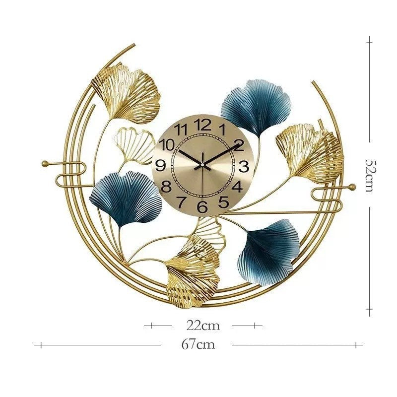 Large Wall Clock with Gold and Green Ginkgo Leaf Frame | 26 in Across for a Hallway or Living Room | 4 Finishes
