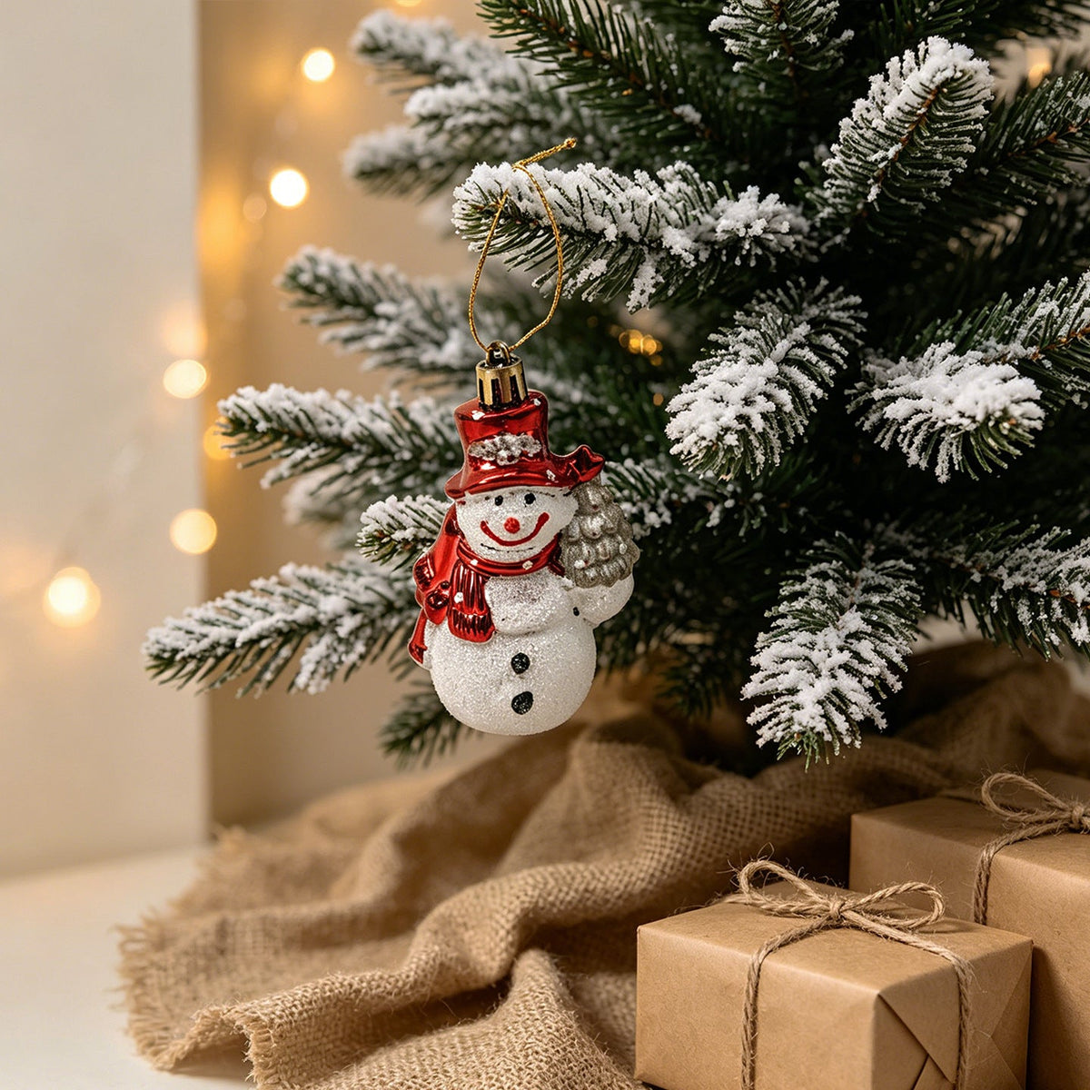 Red and White Christmas Tree Ornaments Set with Santa and Snowman