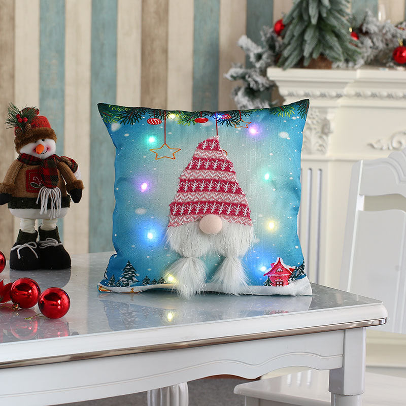 Christmas Throw Pillow Cover with Gnome Design and LED Lights