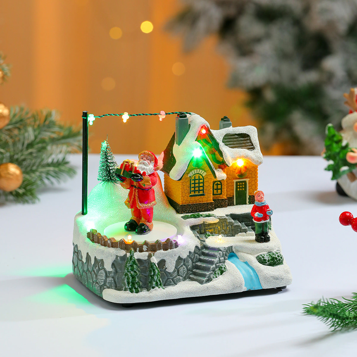 Light Up Christmas Village Figurines Set with Santa Cottage