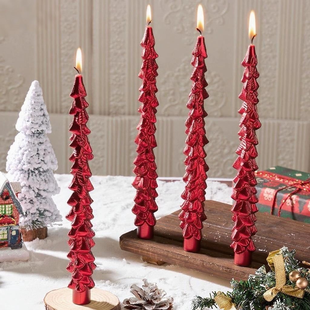 Hand Textured Christmas Tree Taper Candles | Drip Free Wax with Fir Branch Grooves | Fits Standard Holders for Festive Tables