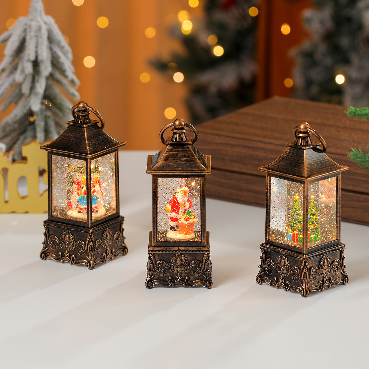 Miniature Christmas Ornaments Light Up Lantern with LED Scene