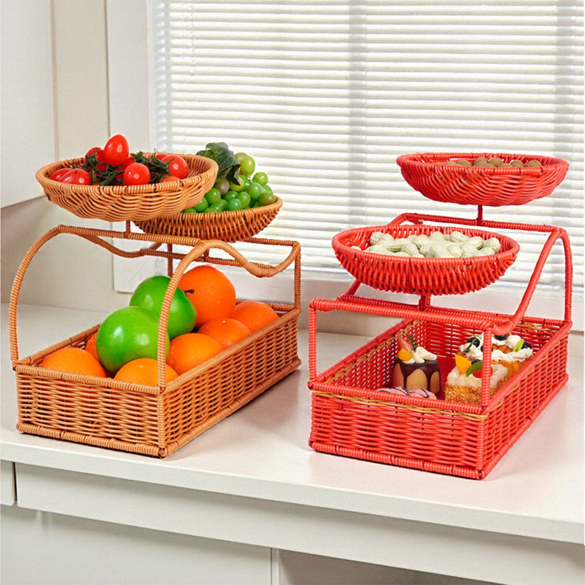 Two-Tier Fruit Basket in a Woven Rattan Look | Kitchen Organizers with a Carry Handle for the Counter | 2 Colors