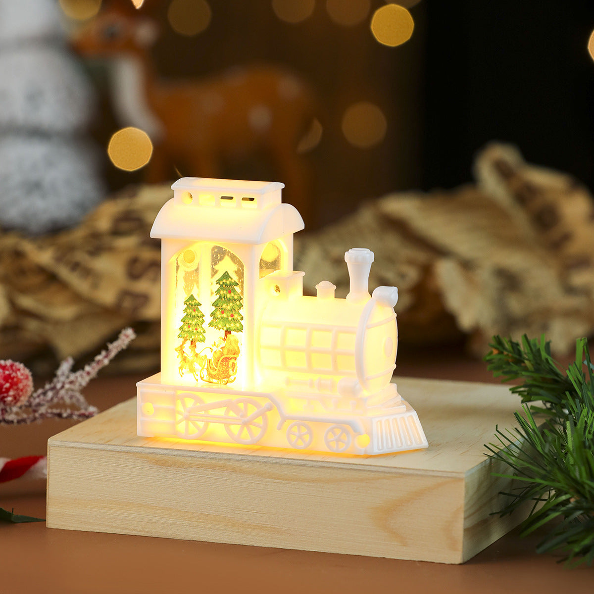 Light Up Christmas Train Ornament with LED Santa Scene