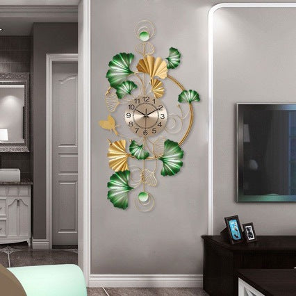 Large Wall Clock with Gold and Green Ginkgo Leaf Frame | 26 in Across for a Hallway or Living Room | 4 Finishes