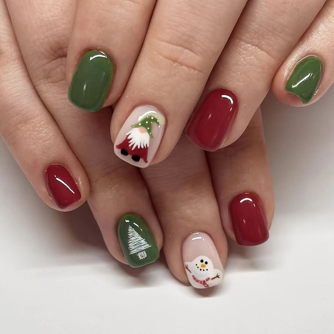 Christmas Press On Nails Set with Gnome and Snowman Art