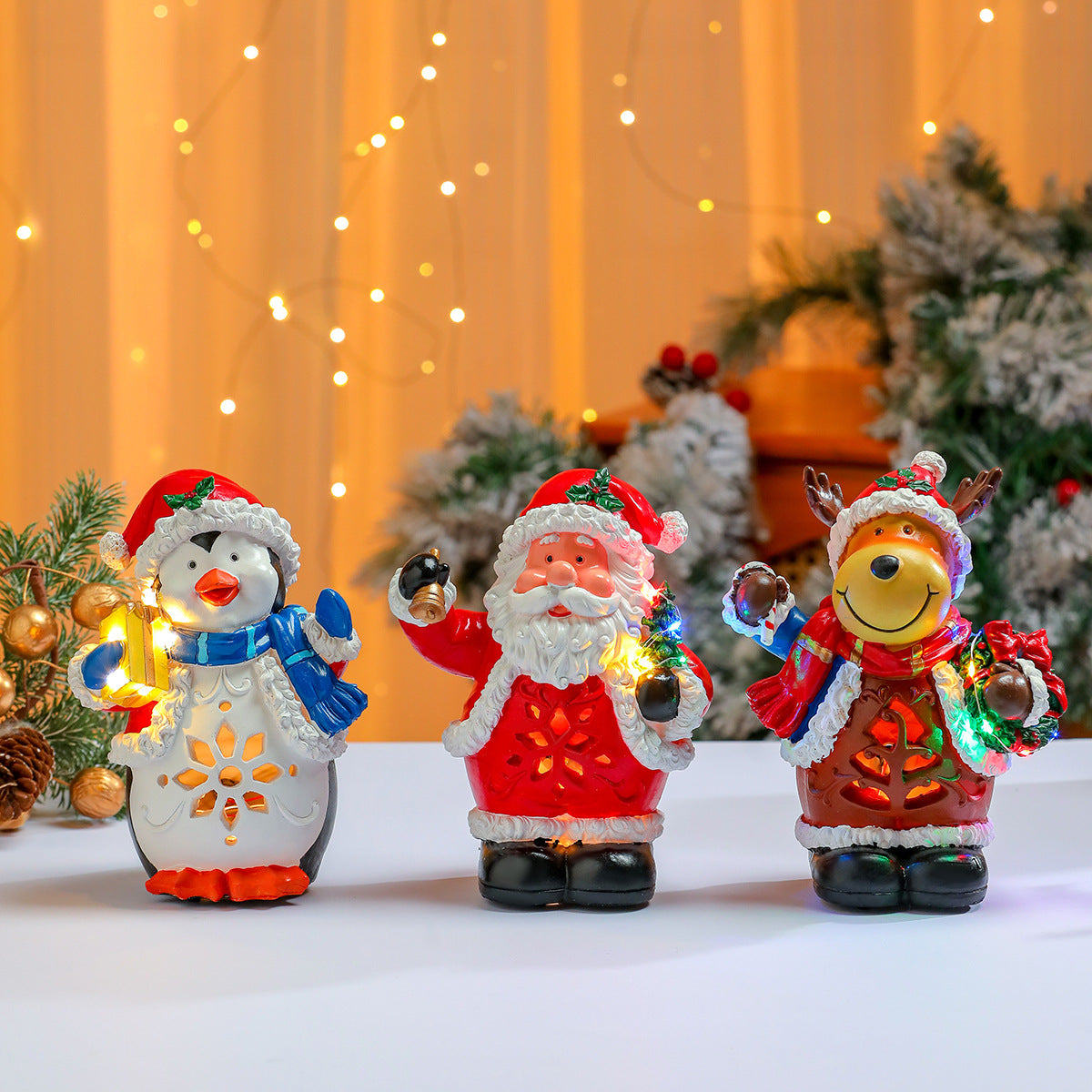 LED Christmas Figurines Set with Santa, Reindeer and Penguin