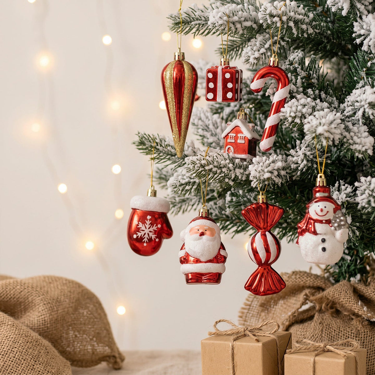Red and White Christmas Tree Ornaments Set with Santa and Snowman