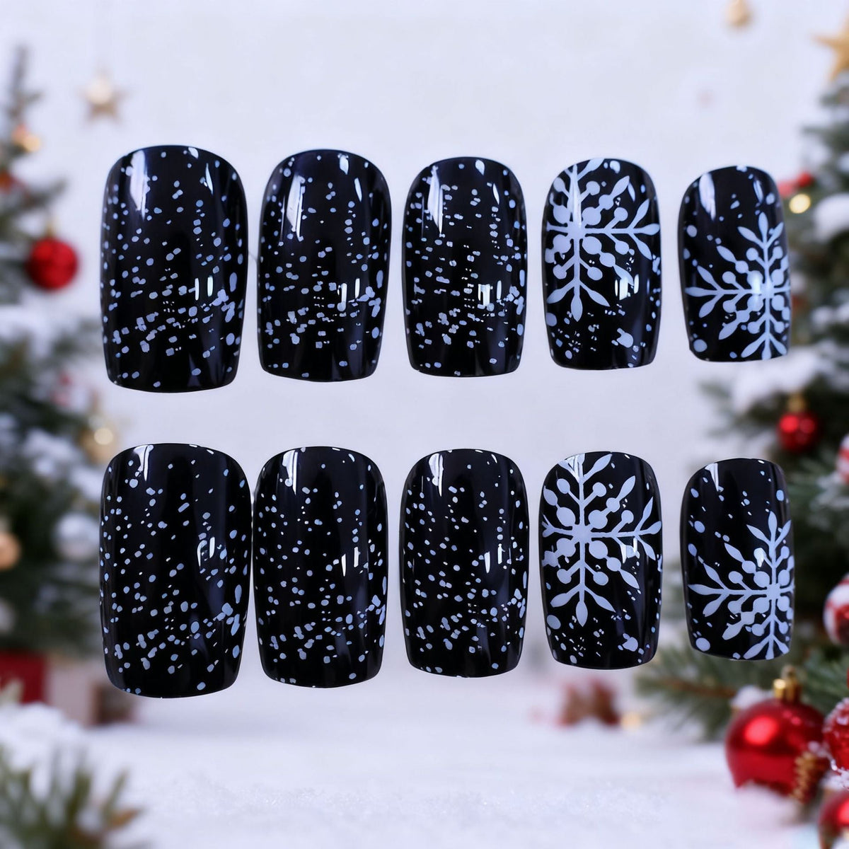 Christmas Press On Nails with Snowflake Designs and Glitter
