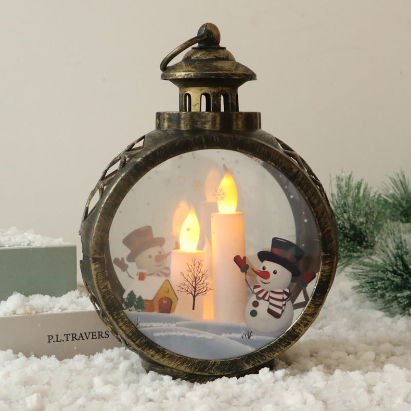 Christmas Lantern with LED Candle Light and Snowman Scene