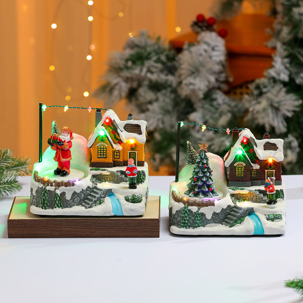 Light Up Christmas Village Figurines Set with Santa Cottage