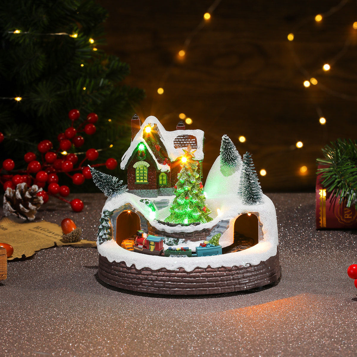Light Up Christmas Village Scene with Moving Train