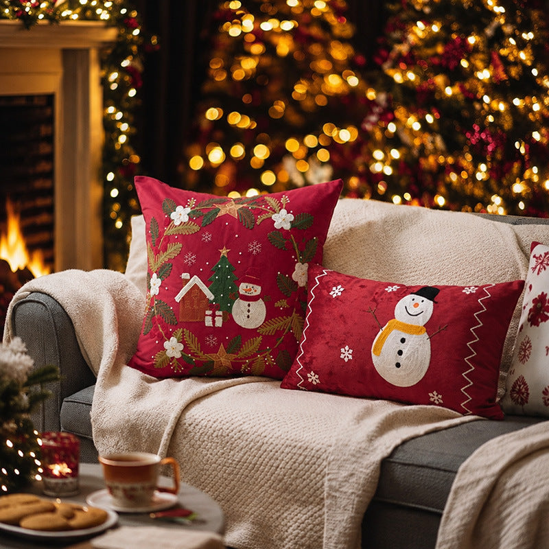 Embroidered Christmas Pillow Covers with Beaded Winter Scenes