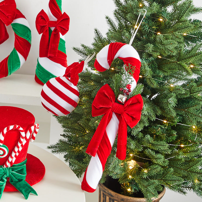 Velvet Candy Cane Christmas Tree Ornaments Set with Bows