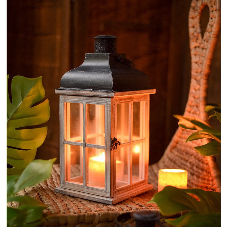 Rustic Wooden Candle Lantern with Glass Panels | Metal Roof, Hinged Door and Hanging Ring | 14 Designs