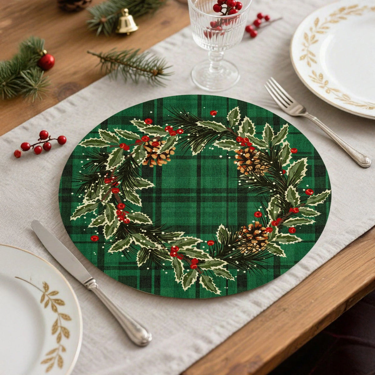 Round Christmas Wreath Print Placemat with Pine Cones