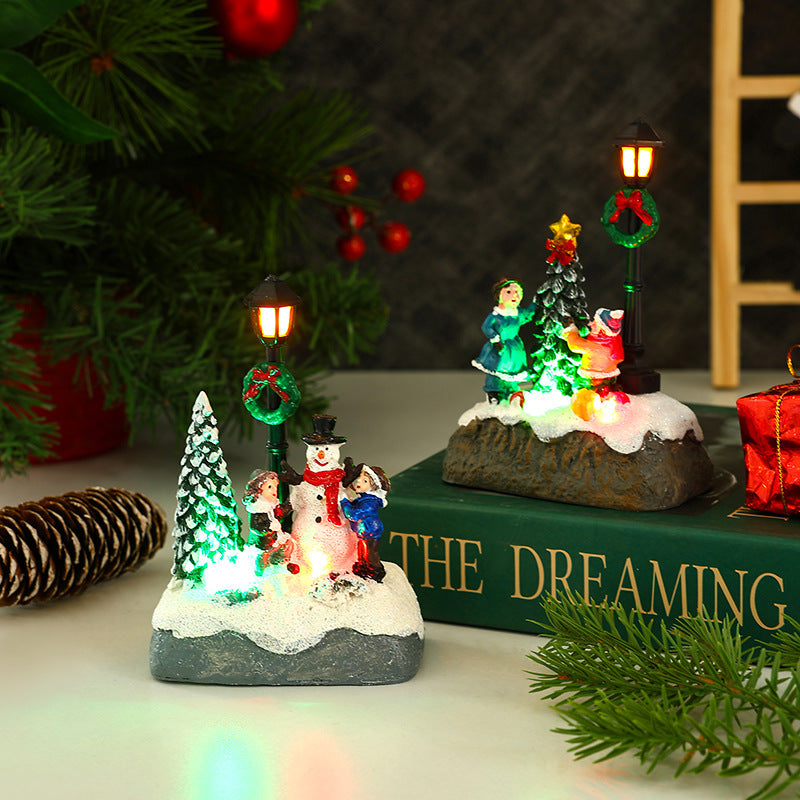 Light Up Christmas Village Figurines with Snowman and Lamp Post