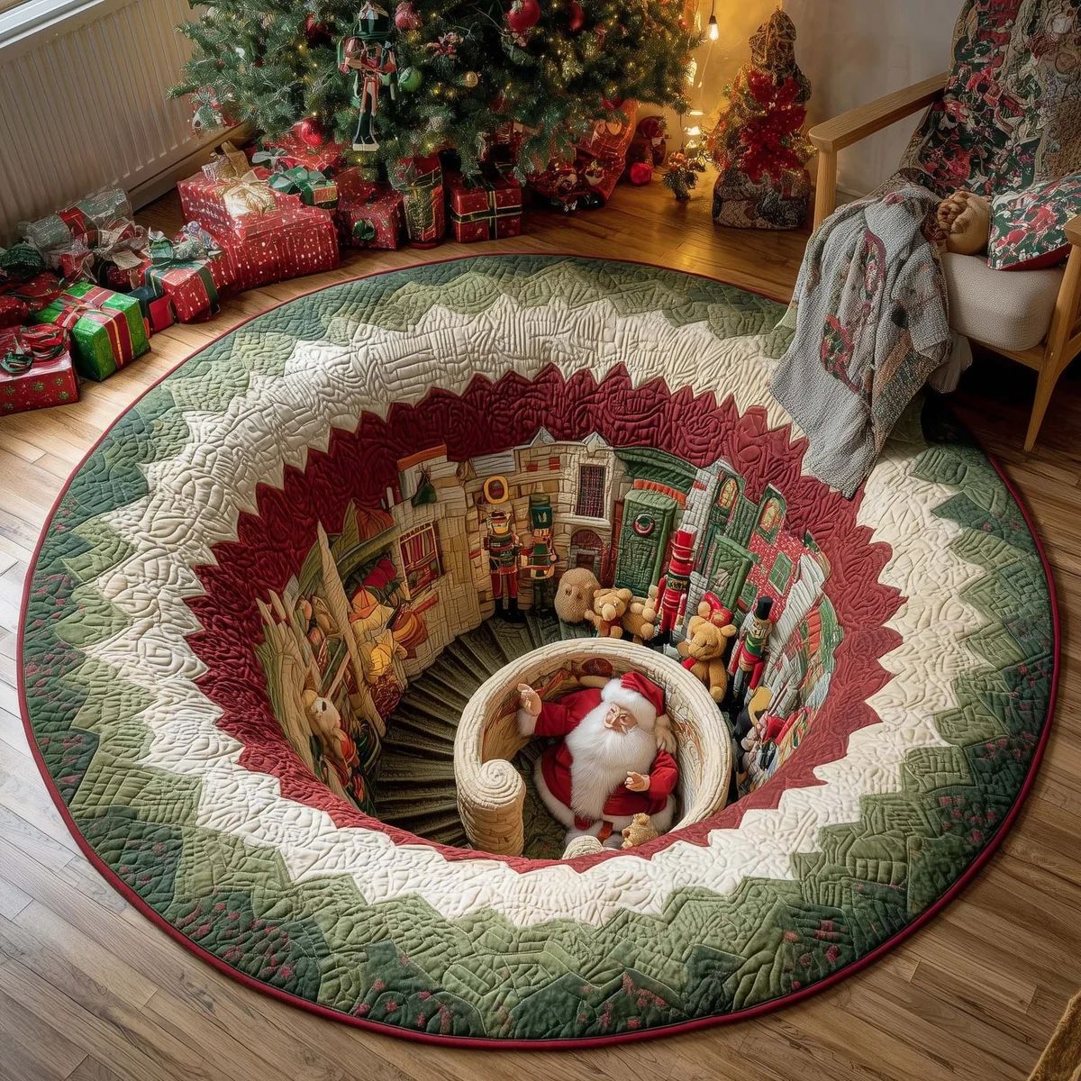 Round Christmas Area Rug with 3D Santa Design for Living Room