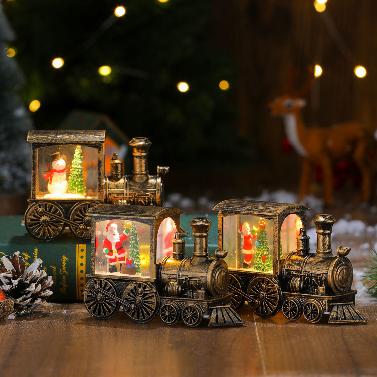 Light Up Christmas Train Ornaments with Santa and Snowman