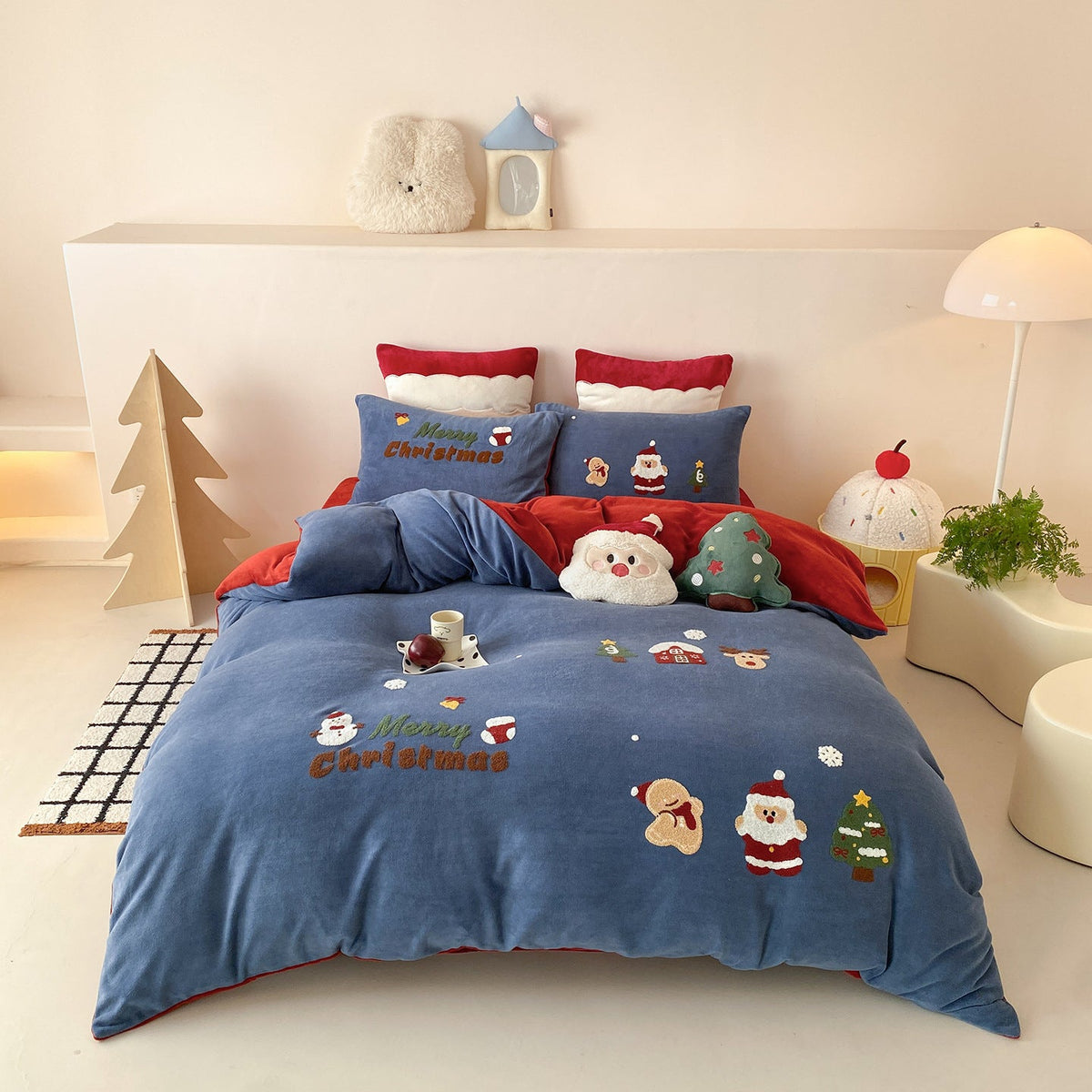 Velvet Christmas Bedding Set with Embroidered Santa