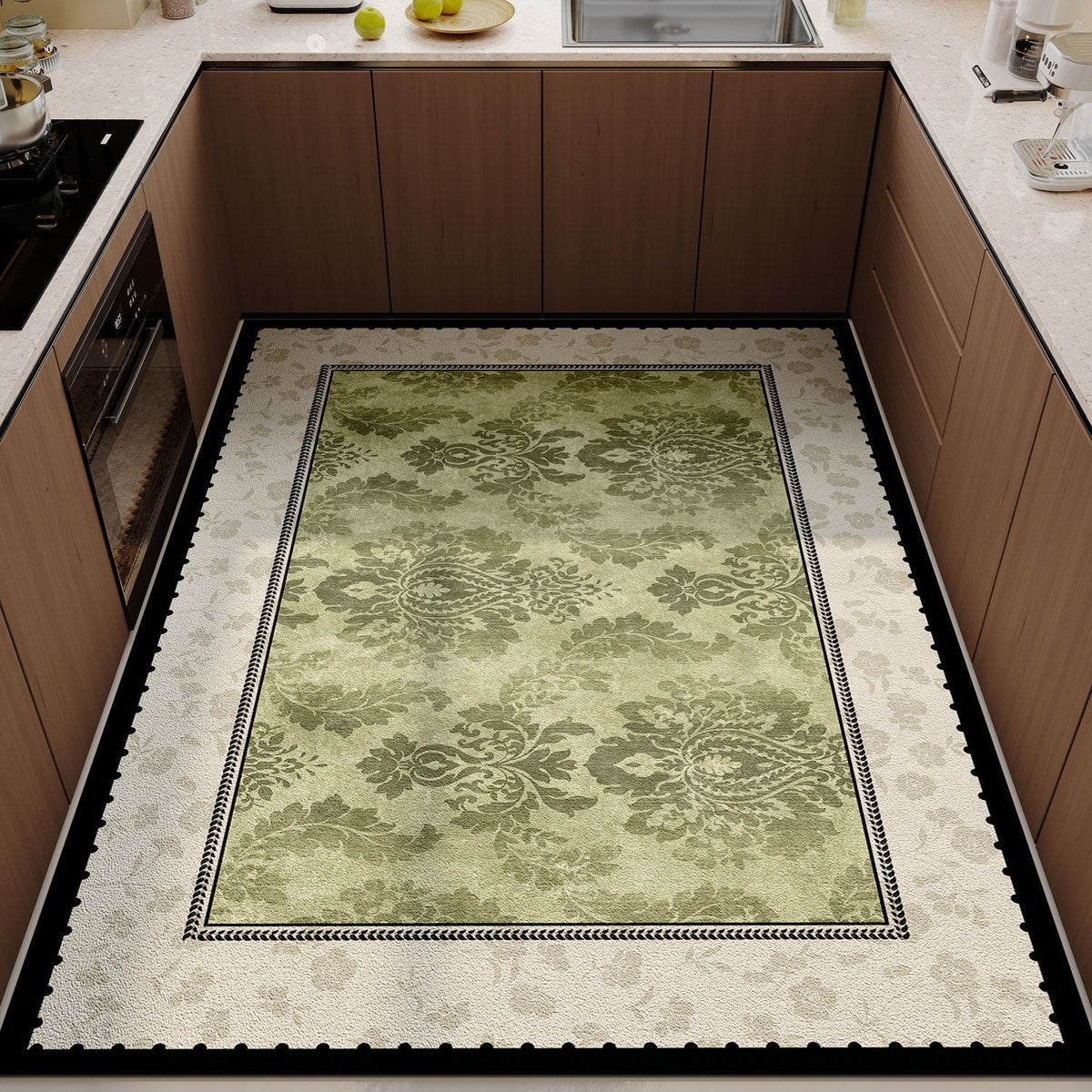Floral Print Kitchen Rug with Non-Slip Backing | Soft Underfoot and Machine Washable | Green Moss Shades