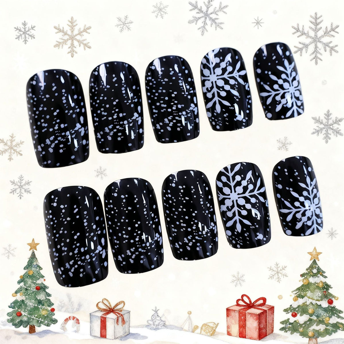 Christmas Press On Nails with Snowflake Designs and Glitter