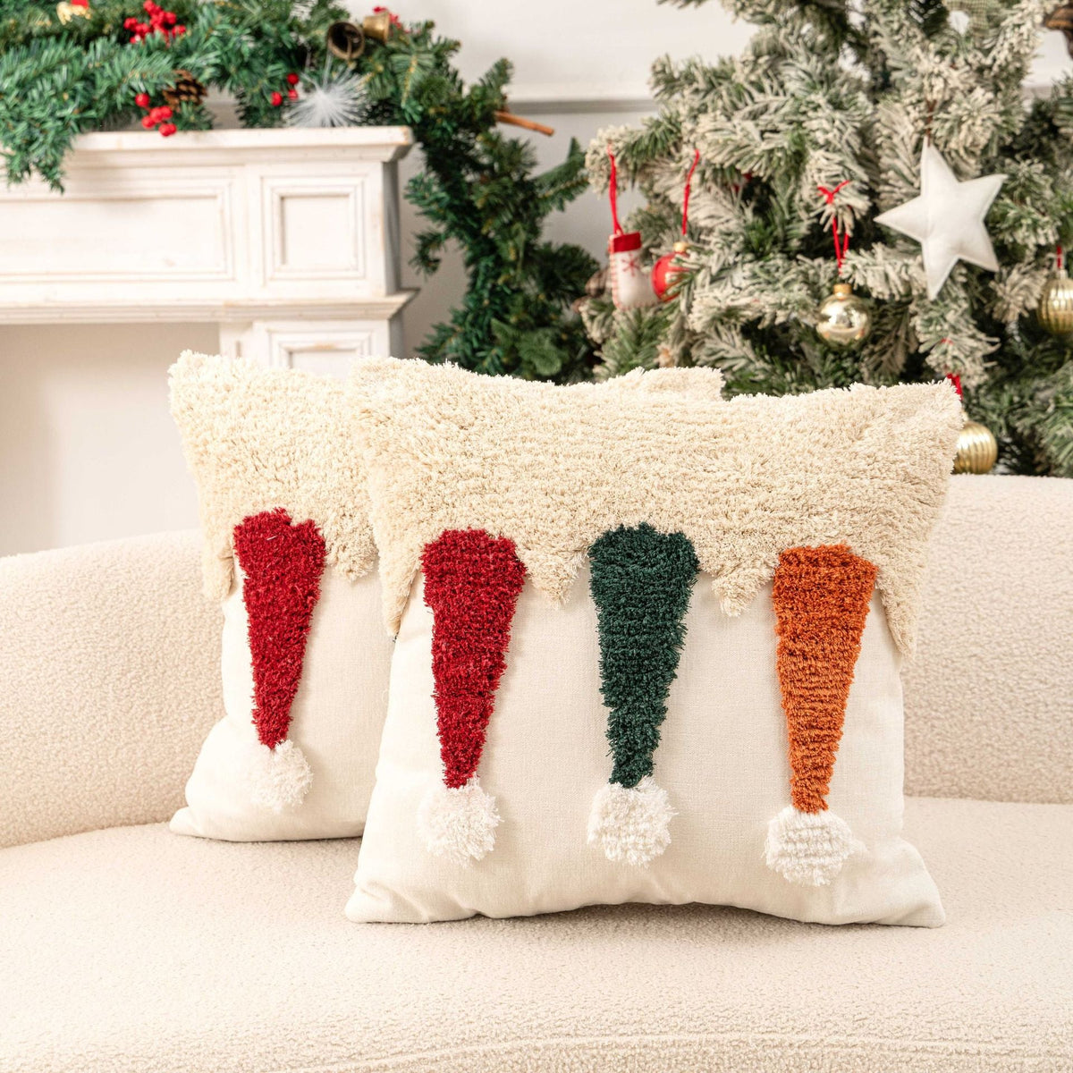 Christmas Throw Pillows Set with Tufted Holiday Tree Design