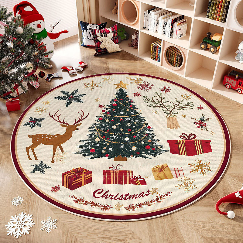 Round Washable Christmas Rug with Tree and Reindeer Design