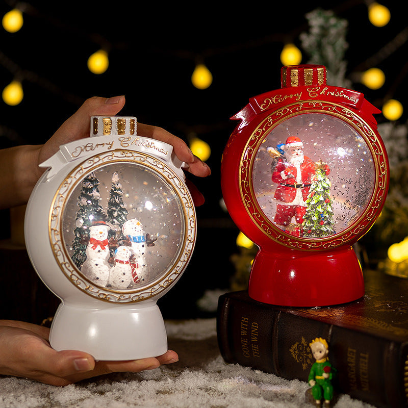 Christmas Snow Globe Lantern with Snowmen and Gold Trim