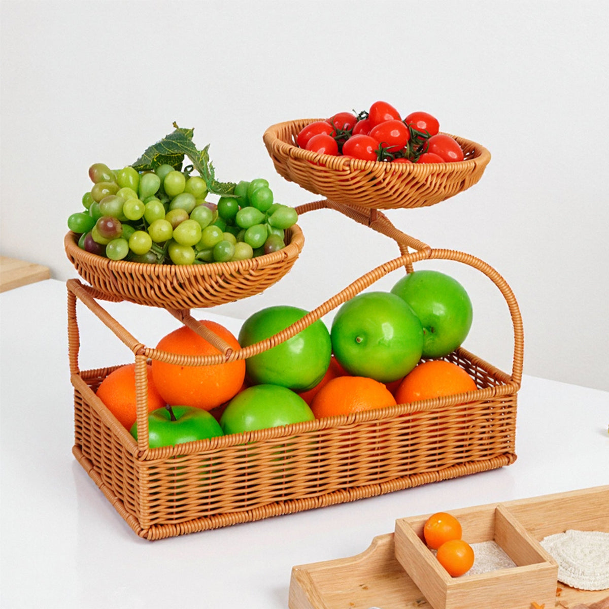 Two-Tier Fruit Basket in a Woven Rattan Look | Kitchen Organizers with a Carry Handle for the Counter | 2 Colors