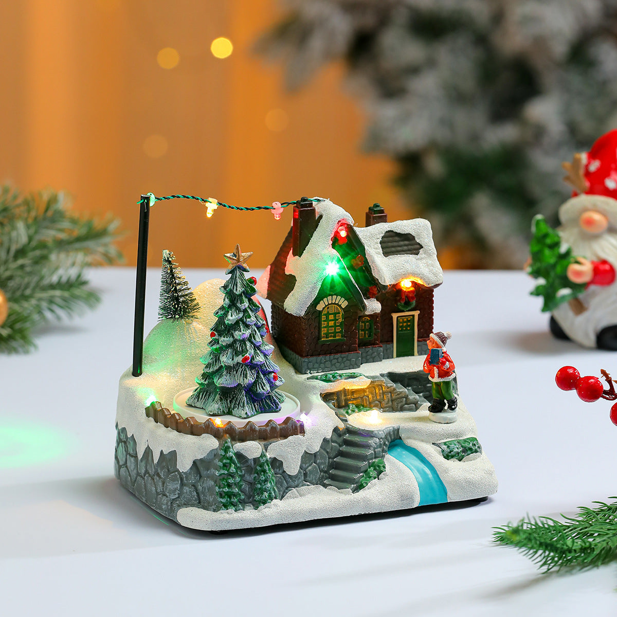 Light Up Christmas Village Figurines Set with Santa Cottage