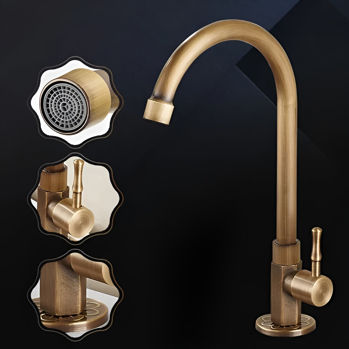 Solid Brass Faucet with a Swivel Spout and Single Lever | Kitchen Sink Accessories in an Antique Finish