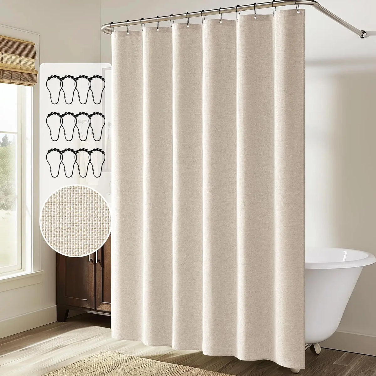 Beige Shower Curtain in a Thick Linen Look, Water Repellent | Black Metal Hooks Included | Quick Drying, Washable