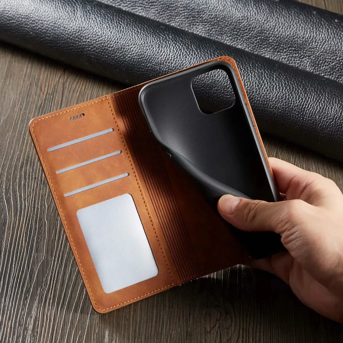 Faux Leather Wallet Phone Case for iPhone 15 14 13 and 12 | Magnetic Flip Cover with 3 Card Slots and Stand